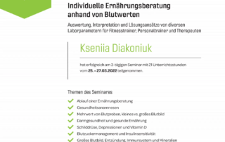 Zertifikat Ernährungsberaterin Kseniia Diakoniuk